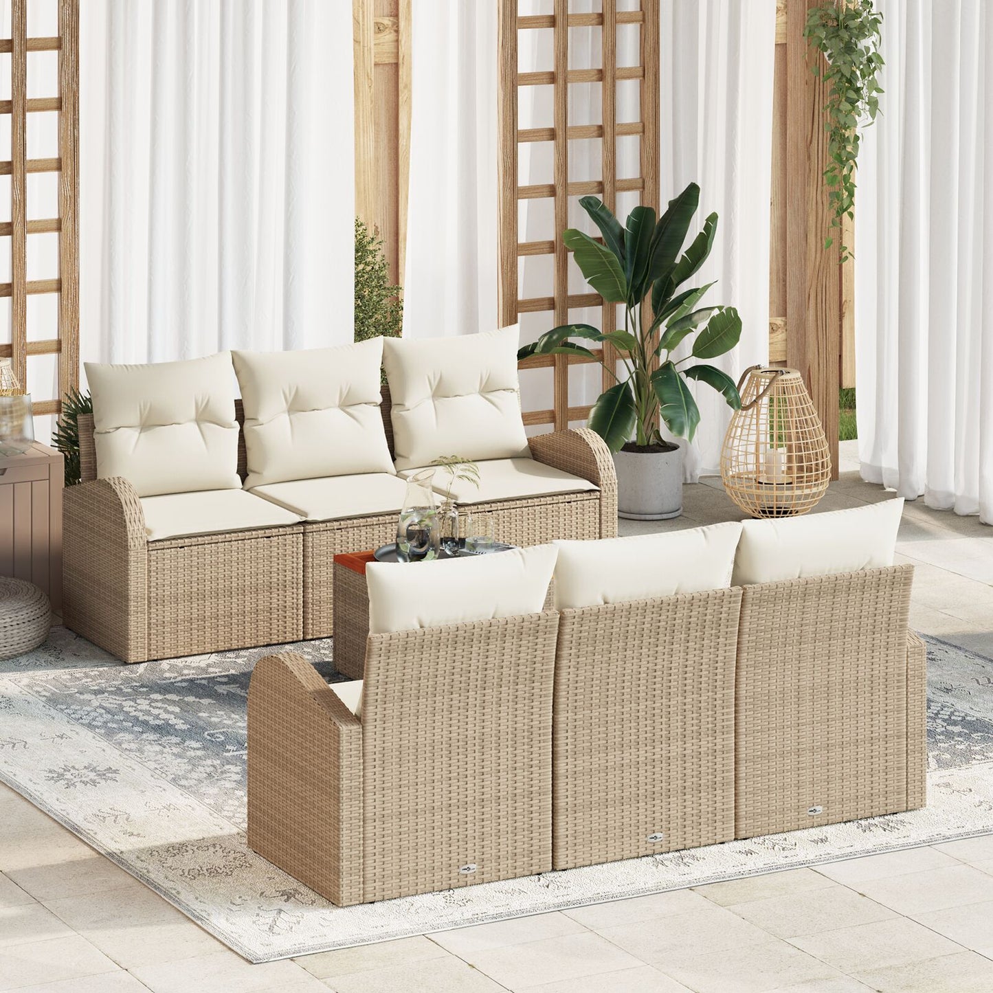 7-Delige Tuin Sofa Set Met Kussens Beige Poly Rattan Acacia