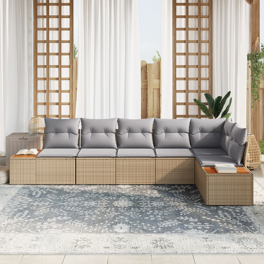 6-Delige Tuinsofa Set Met Kussens Poly Rattan Acacia Beige en grijs zonder tafel