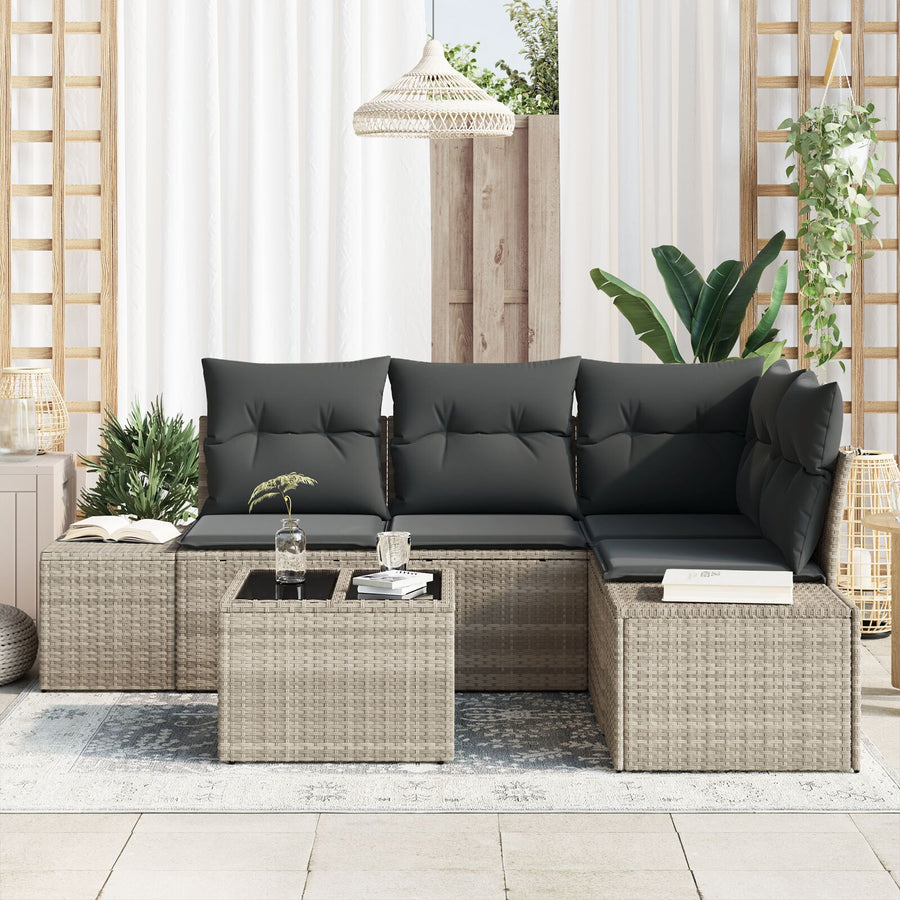 5-Delig Tuinbankstel Met Kussens Grijs Poly Rattan Lichtgrijs met tafel
