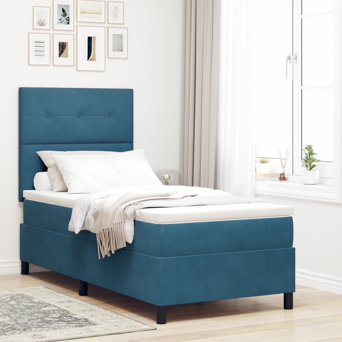 Boxspring Bed Met Matras Donkerblauw 90X200 Cm Fluweel Blauw