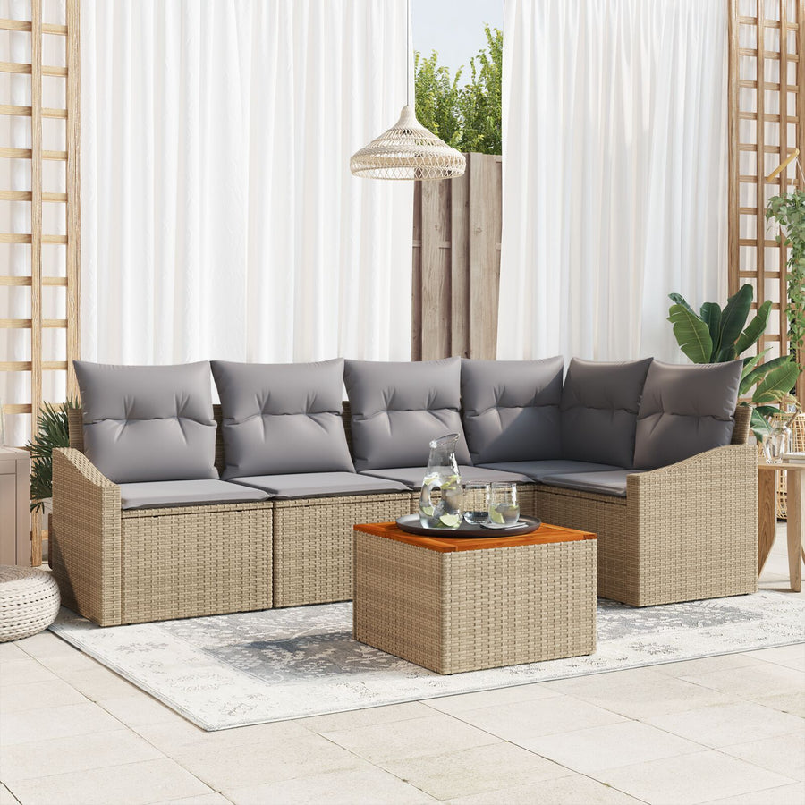 6-Delige Tuinbank Set Met Kussens Beige Poly Rattan Acacia