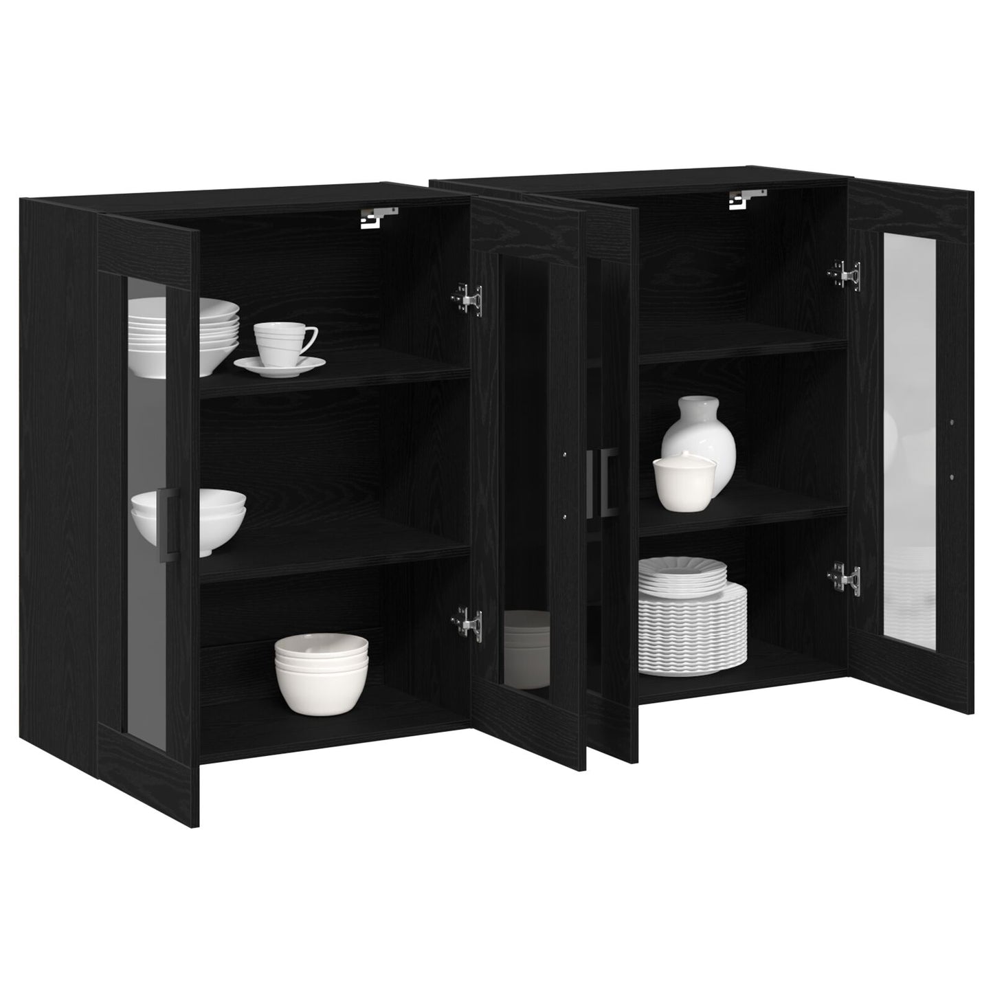 Wandkast Set Van 2 Zwart Eiken Bewerkt Hout, Glas