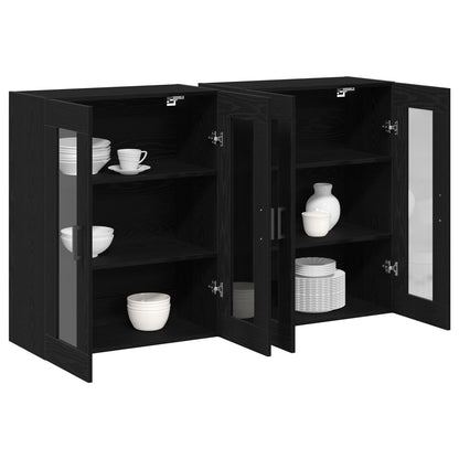 Wandkast Set Van 2 Zwart Eiken Bewerkt Hout, Glas