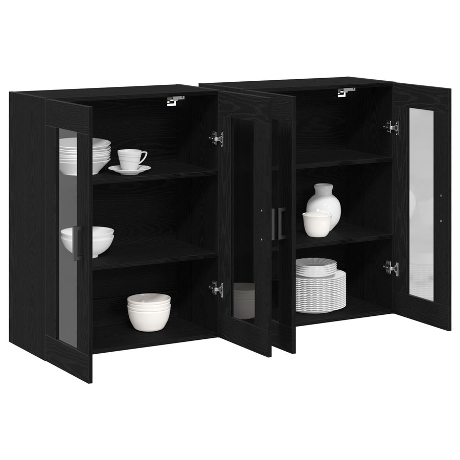 Wandkast Set Van 2 Zwart Eiken Bewerkt Hout, Glas