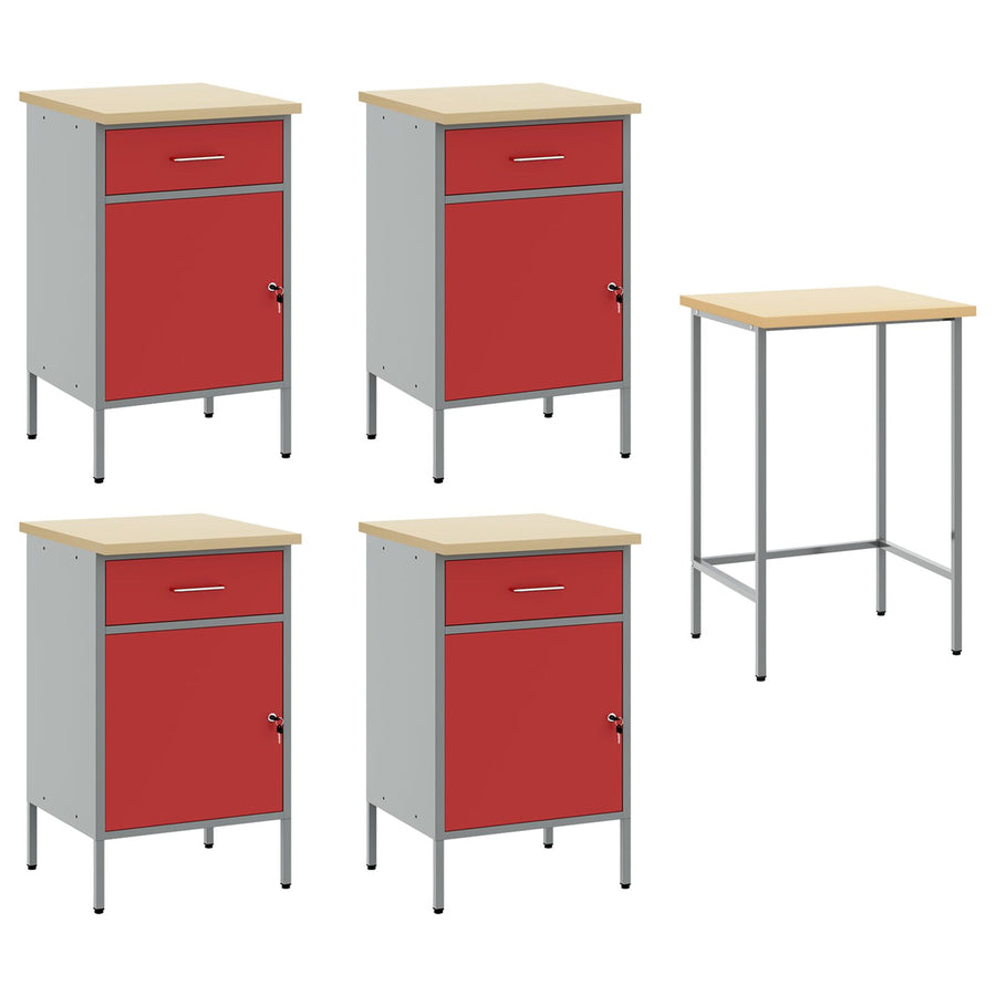 5-Delige Werkcabinet En Hoektafelset Gelaagd Hout 4x (84 cm) Rood Tafel + 4x kast