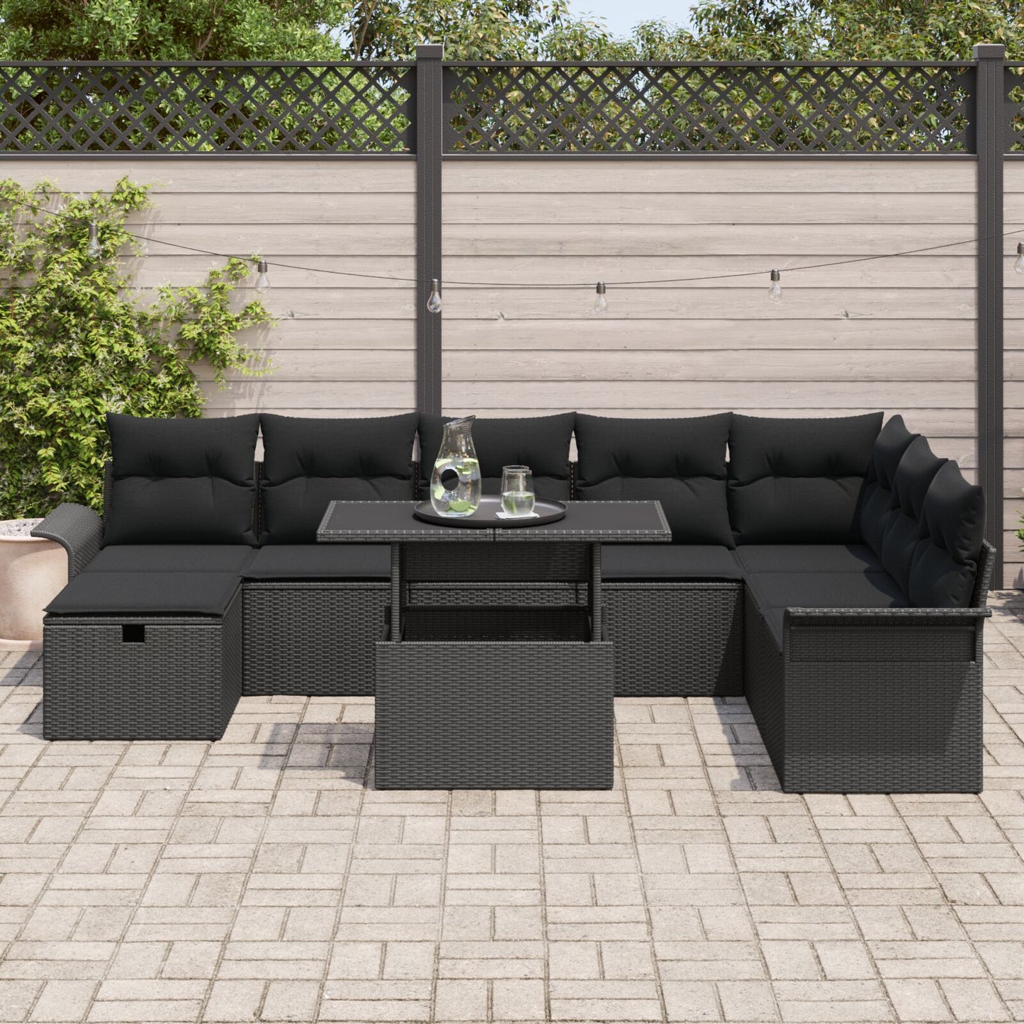 9-Delige Tuin Sofa Set Met Kussens Zwart Poly Rattan