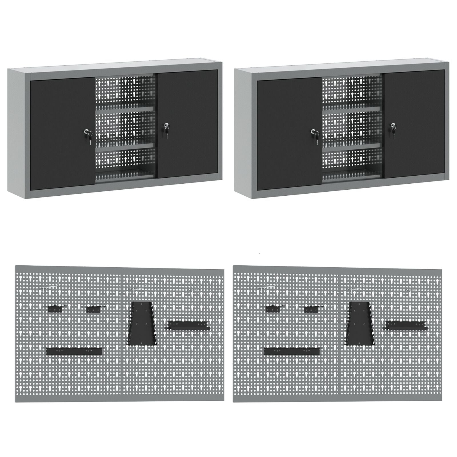 10-Delige Werkcabinet En Pegboard Set Mdf En Metaal 4x (2x84/2x85 cm) Zwart 6x kast + 6x pegboard