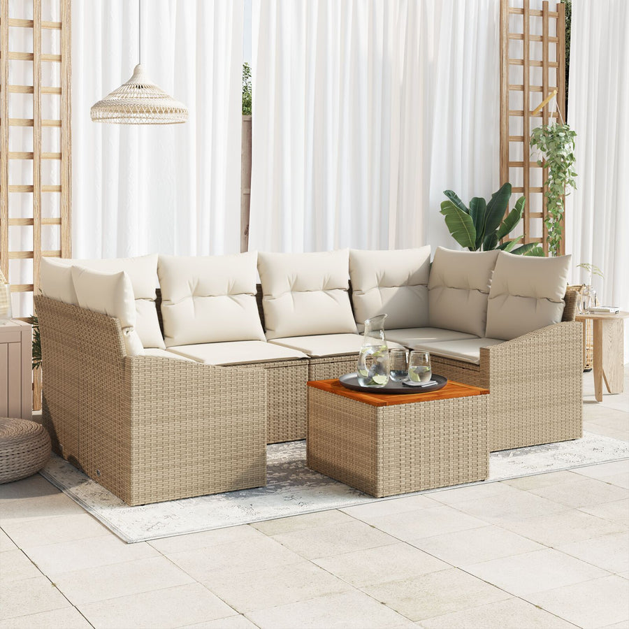 7-Delige Tuinbankstel Met Kussens Beige Poly Rattan Acacia