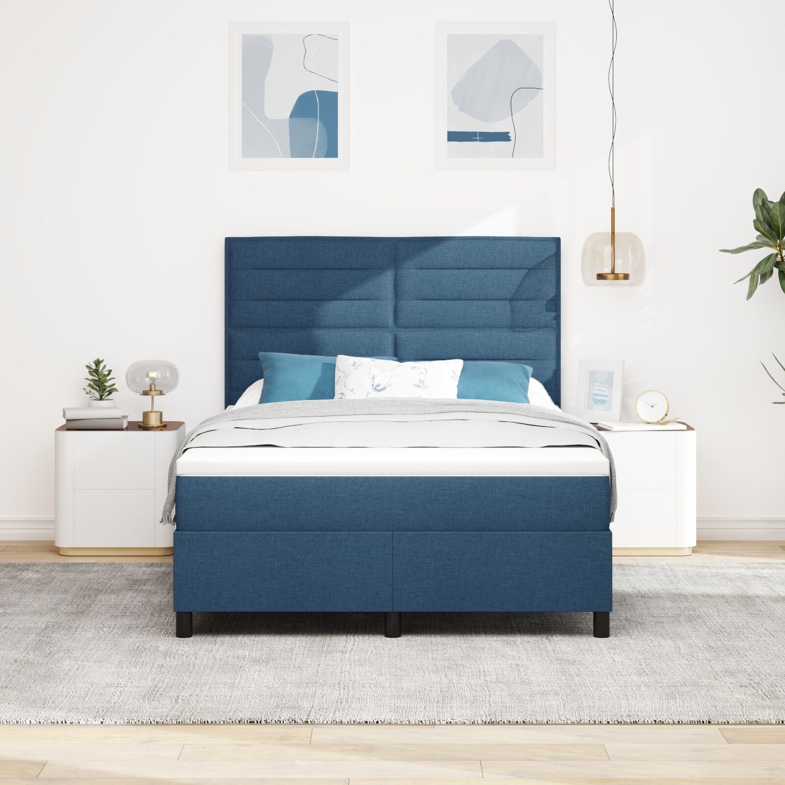 Boxspring Bed Met Matras Stof Blauw 140 x 200 cm Lijnen ontwerp