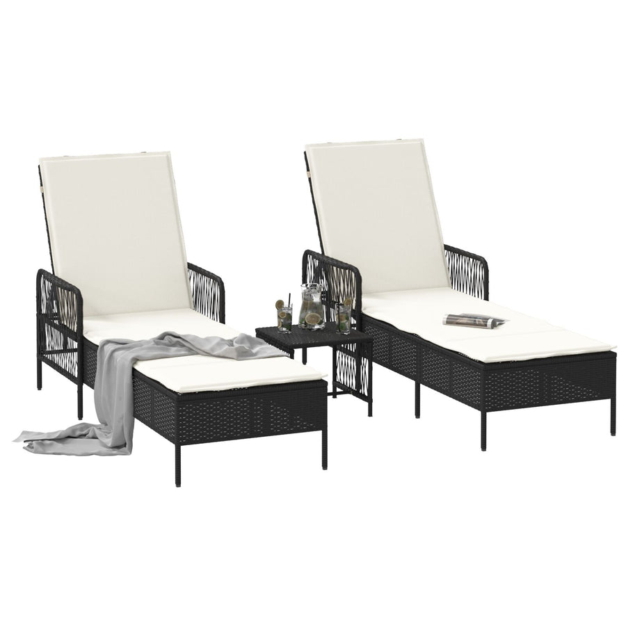 Zonnebank Set Set Van 3 Zwart En Crème Wit Pe Rattan, Metaal