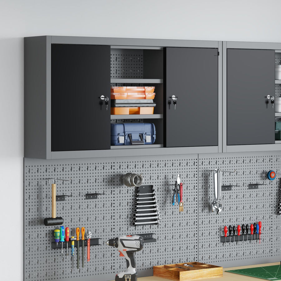 Gereedschapskast Muurbevestigd Met Pegboard 100X20X55 Cm Staal 100 cm Zwart en grijs Muurkast met pegboard