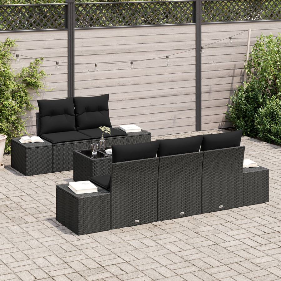 6-Delige Tuinbankset Met Kussens Zwart Poly Rattan