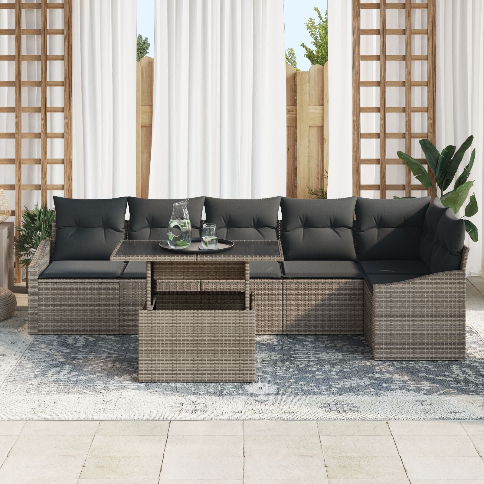 7-Delige Tuinsofa Set Met Kussens Grijs Poly Rattan