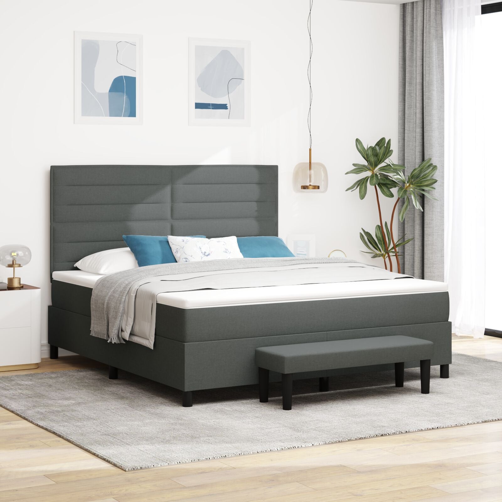 Boxspringbed Met Matras & Bank Stof Donkergrijs 180 x 200 cm Lijnen ontwerp