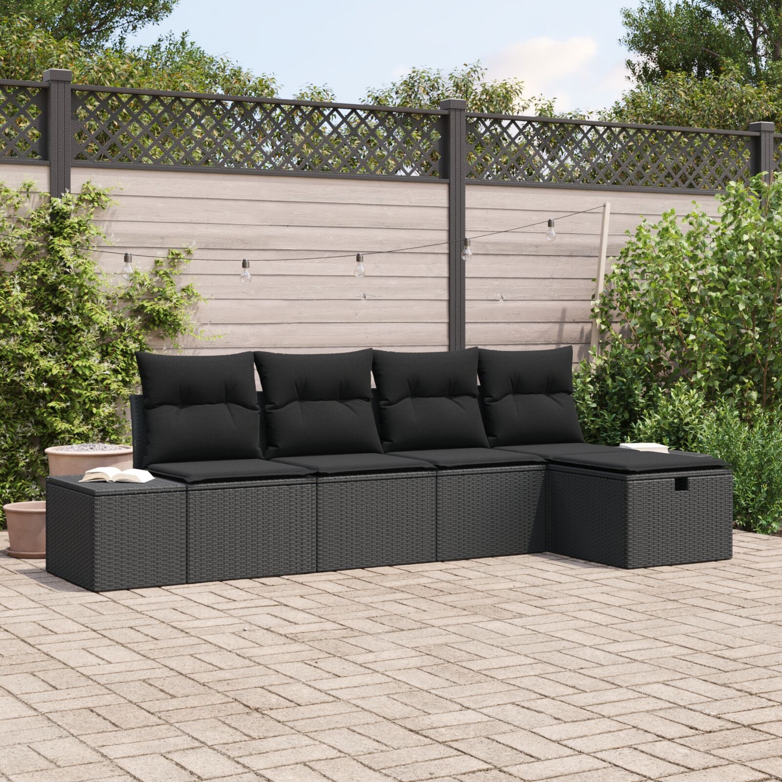 5-Delige Tuin Sofa Set Met Kussens Zwart Poly Rattan