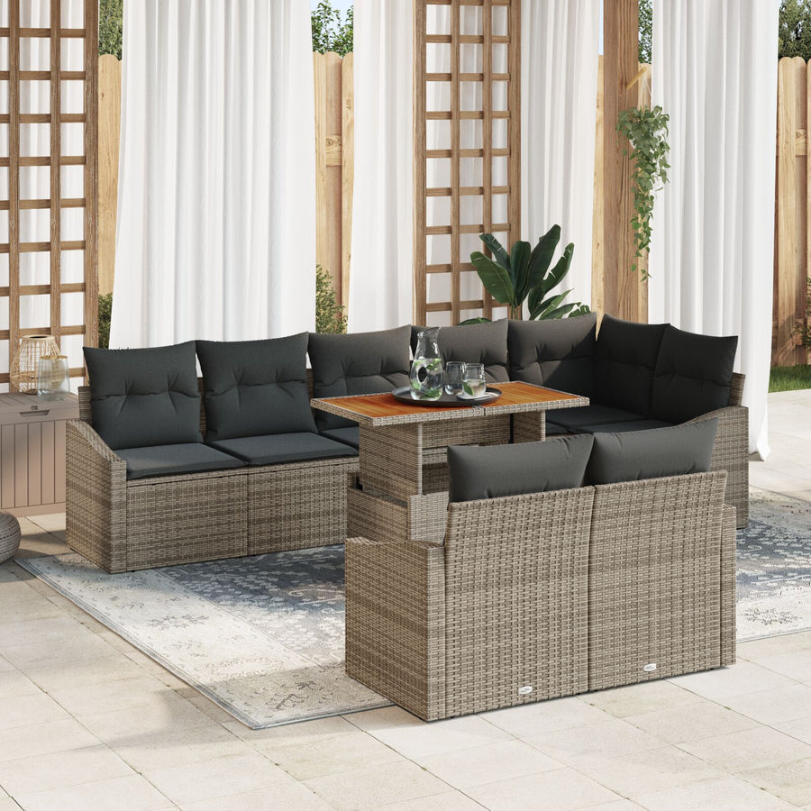 9-Delige Tuin Eetset Met Kussens Grijs Poly Rattan Acacia