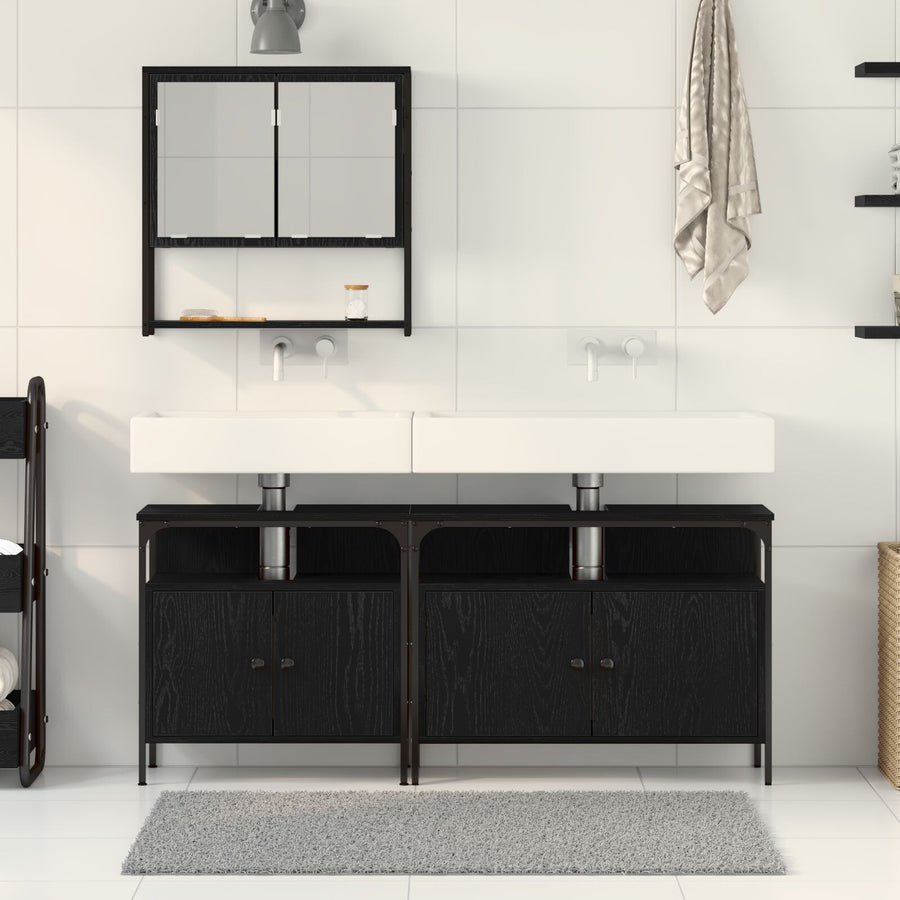 3-Delige Badkamer Meubel Set Zwart Eiken Bewerkt Hout