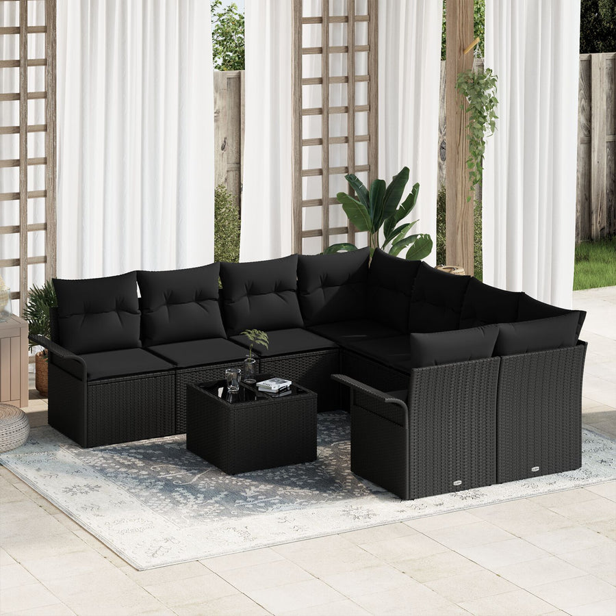 9-Delige Tuin Sofa Set Met Kussens Zwart Poly Rattan