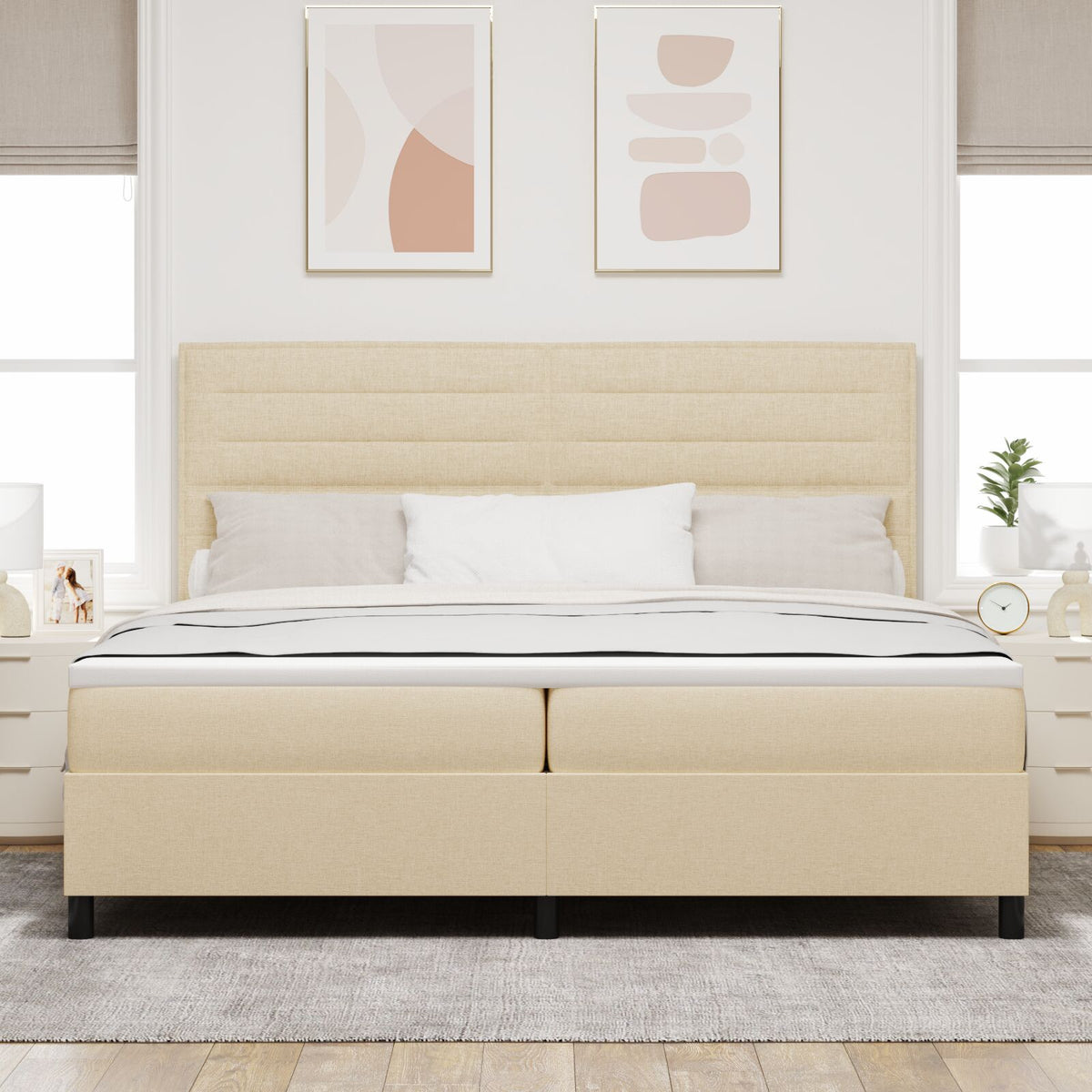 Boxspring Bed Met Matras Stof Crème 200 x 200 cm Lijnen ontwerp
