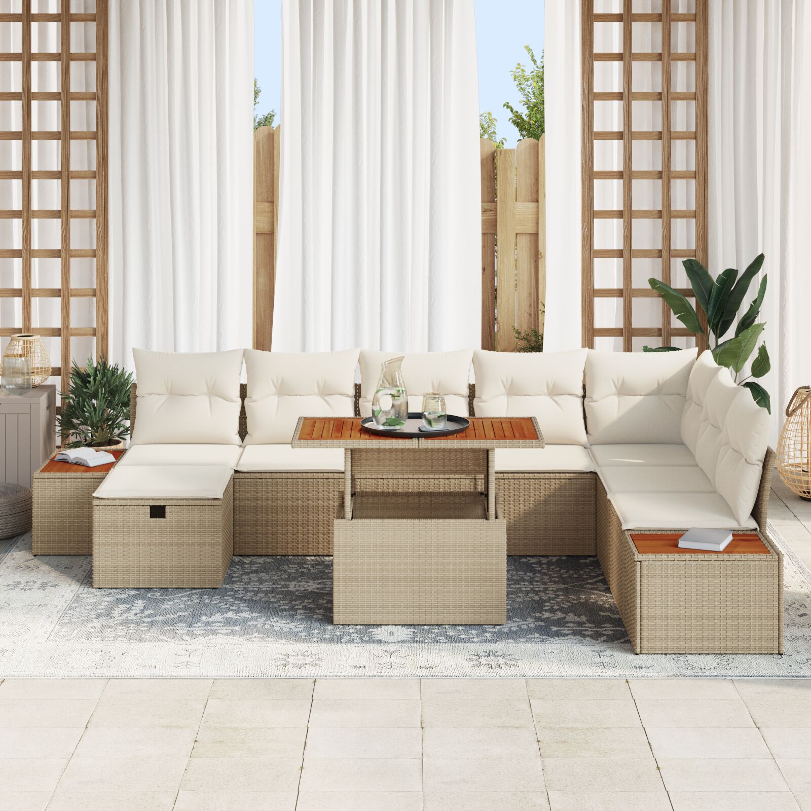 9-Delige Tuin Sofa Set Met Kussens Beige Poly Riet