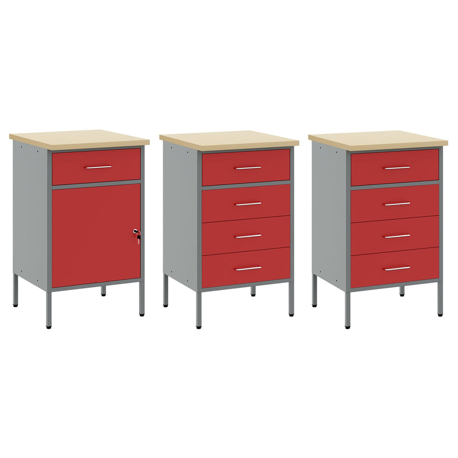 8-Delige Werktafel Set Staal 3x (84/85/85 cm) Rood 3x kast + 3x pegboard + 2x gereedschap kabinet