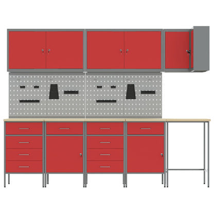 12-Delige Werkcabinet En Pegboard Set In Het Van Mdf En Metaal 4x (2x84/2x85 cm) Rood Tafel + 7x kast + 4x pegboard