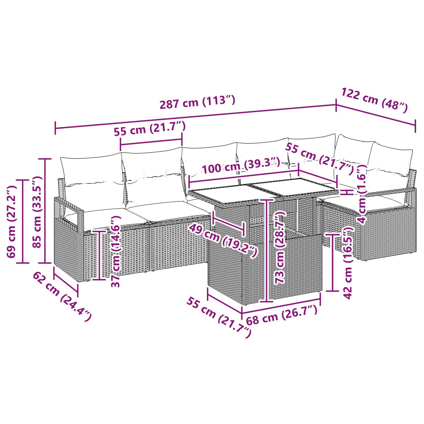 7-Delige Tuinbankset Met Kussens Bruin Poly Rattan,  2-Persoons Tuinbank Met Kussens Bruin Poly Rattan