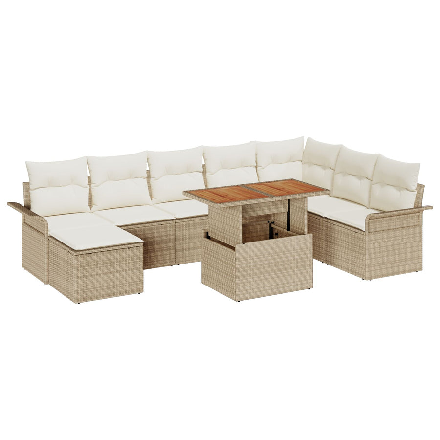 9 Delige Tuin Eetset Met Kussens Beige Poly Rattan Acacia
