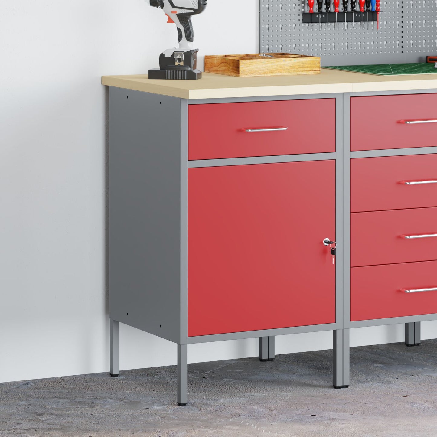 Werkcabinet 50X55X84 Cm Staal Rood en grijs Werkcabinet met 1 lade en 1 deur