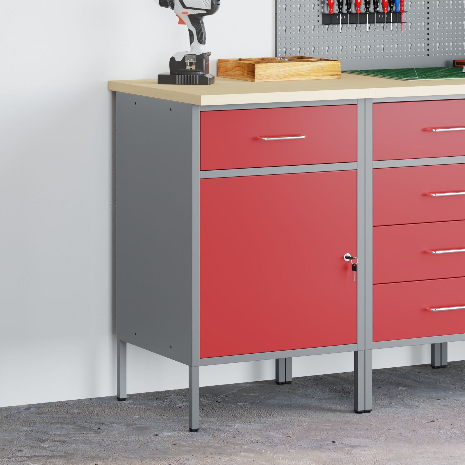 Werkcabinet 50X55X84 Cm Staal Rood en grijs Werkcabinet met 1 lade en 1 deur