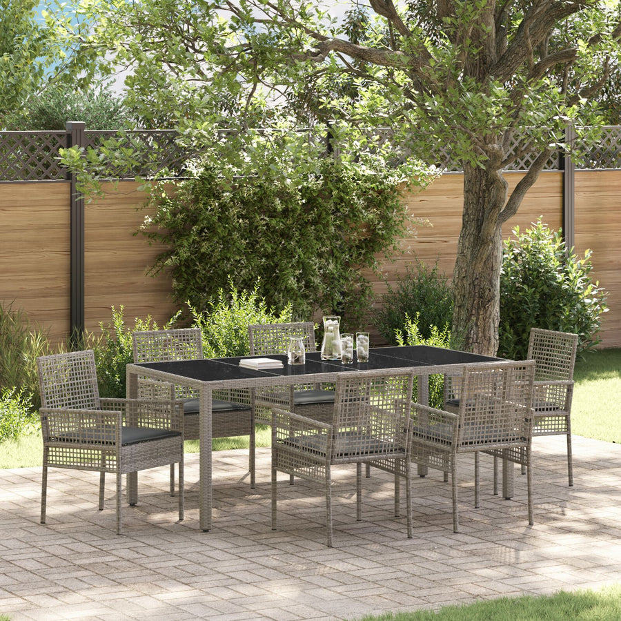 7-Piece Tuin Eet Set Met Kussens Grijs Poly Rattan