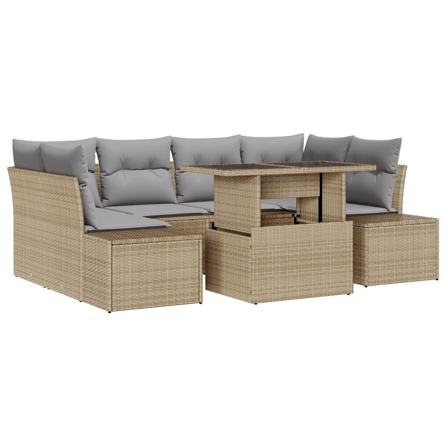 Tuinbankset Set Van 7 Beige Rattan Tuinbankset Rechthoekig