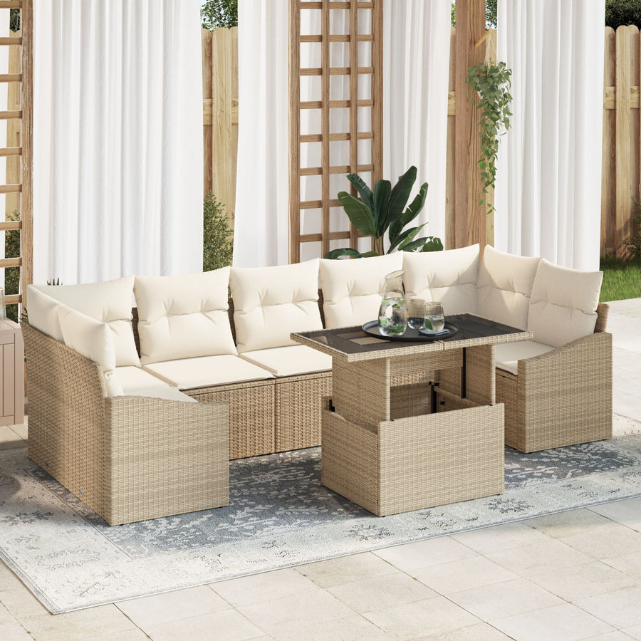 Tuinset Set Van 8 Beige, Crème Rattan, Polyester Buitentafel