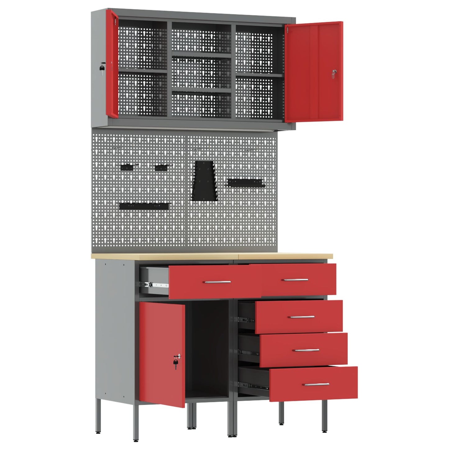5-Delige Werkbank Set Staal 2x (84/85 cm) Rood 2x kast + 2x gereedschapspaneel + kast met deur
