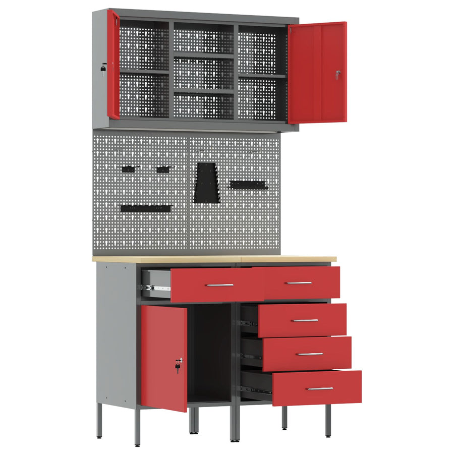5-Delige Werkbank Set Staal 2x (84/85 cm) Rood 2x kast + 2x gereedschapspaneel + kast met deur