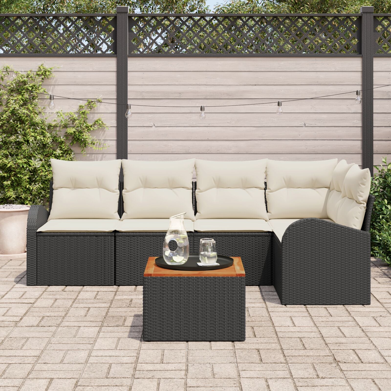6-Delige Tuinsofa Set Met Kussens Zwart Poly Rattan Acacia