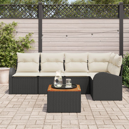 6-Delige Tuinsofa Set Met Kussens Zwart Poly Rattan Acacia