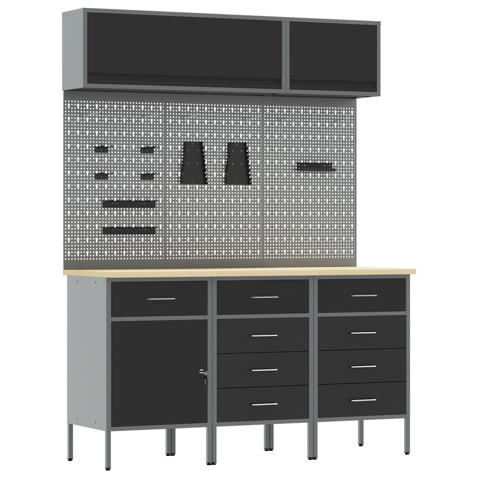 8-Delige Werkbankset Staal 3x (84/85/85 cm) Zwart 3x kast + 3x pegboard + 2x kast met deur