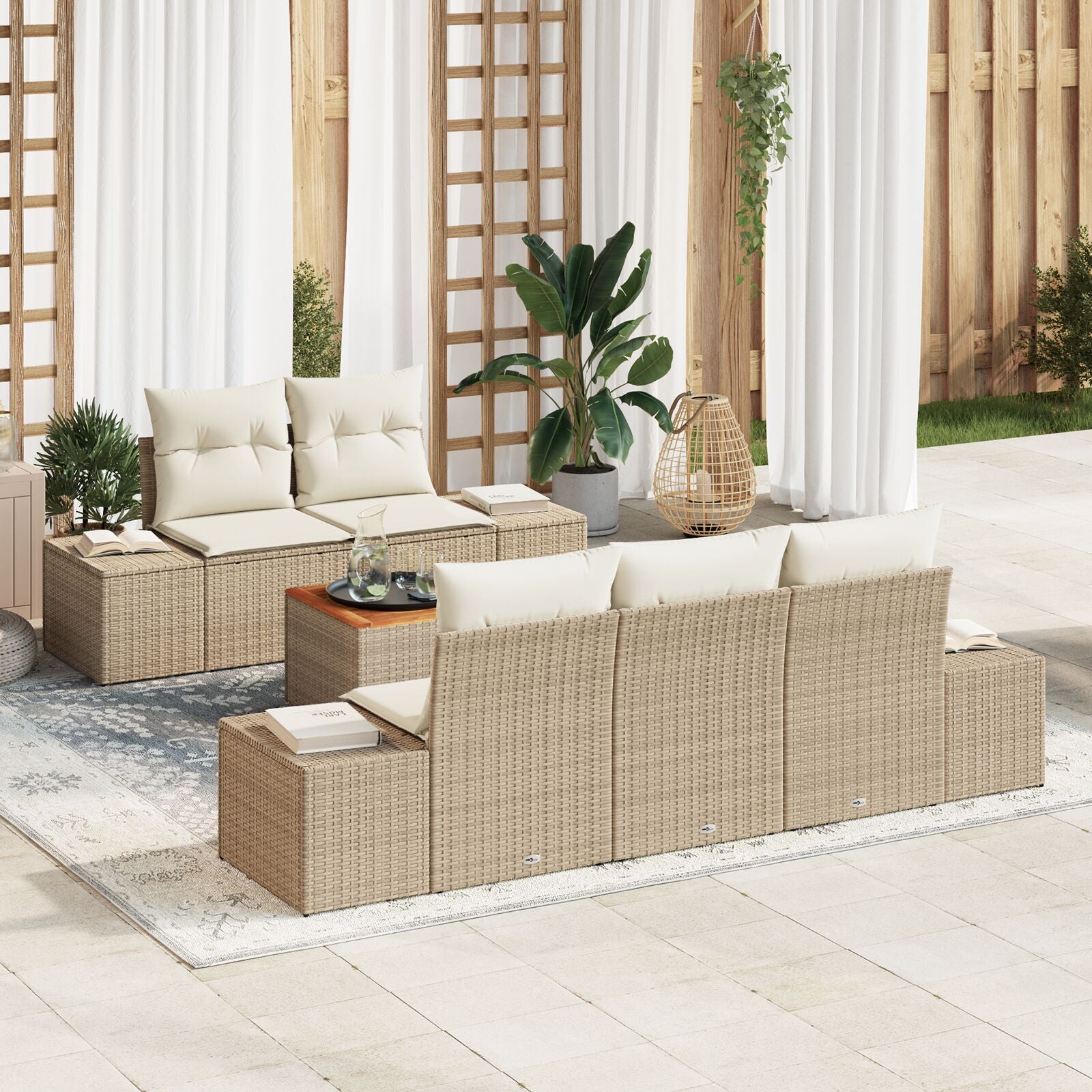 6-Delige Tuinbankset Met Kussens Beige Poly Riet Acacia
