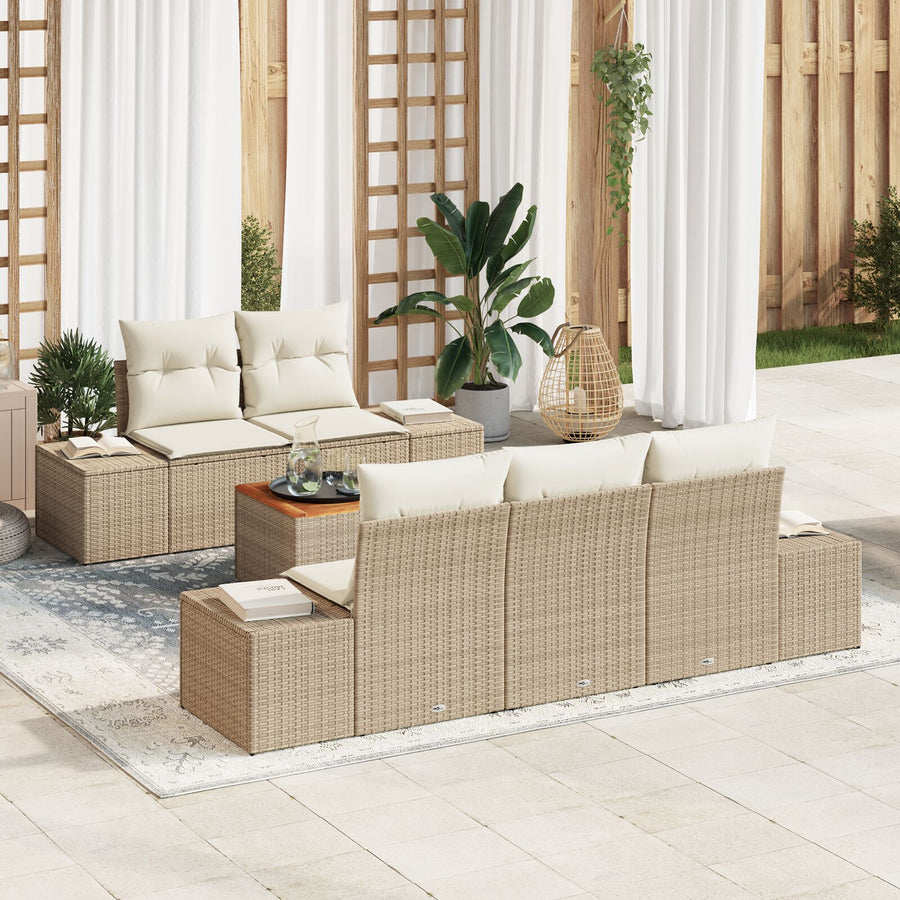 6-Delige Tuinbankset Met Kussens Beige Poly Riet Acacia