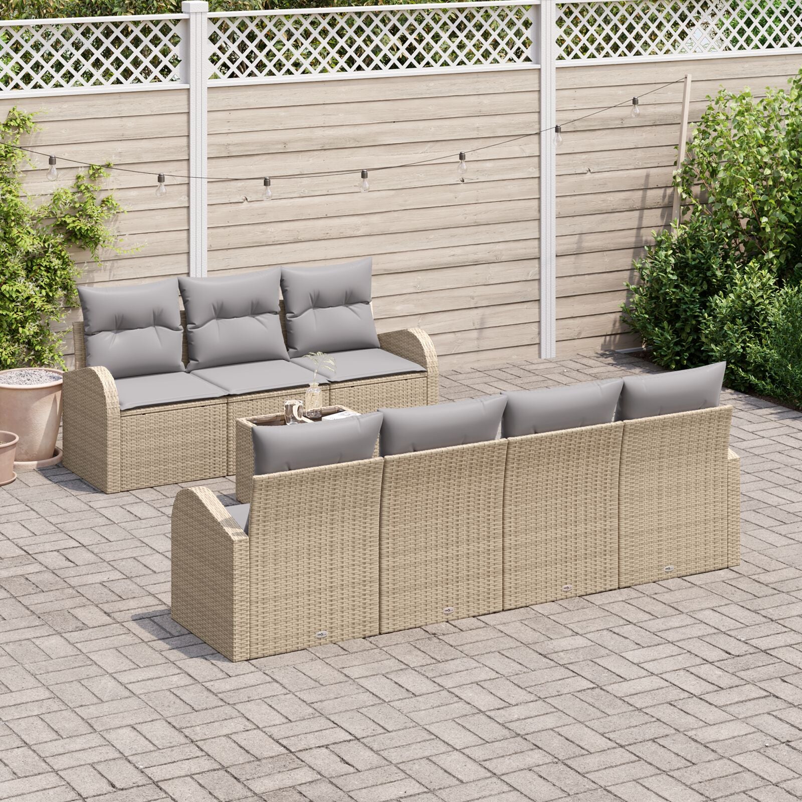 Set Van 8 Tuinbank Met Kussens Beige Poly Riet