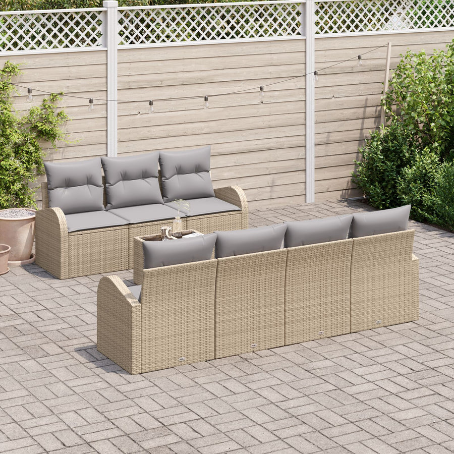 Set Van 8 Tuinbank Met Kussens Beige Poly Riet