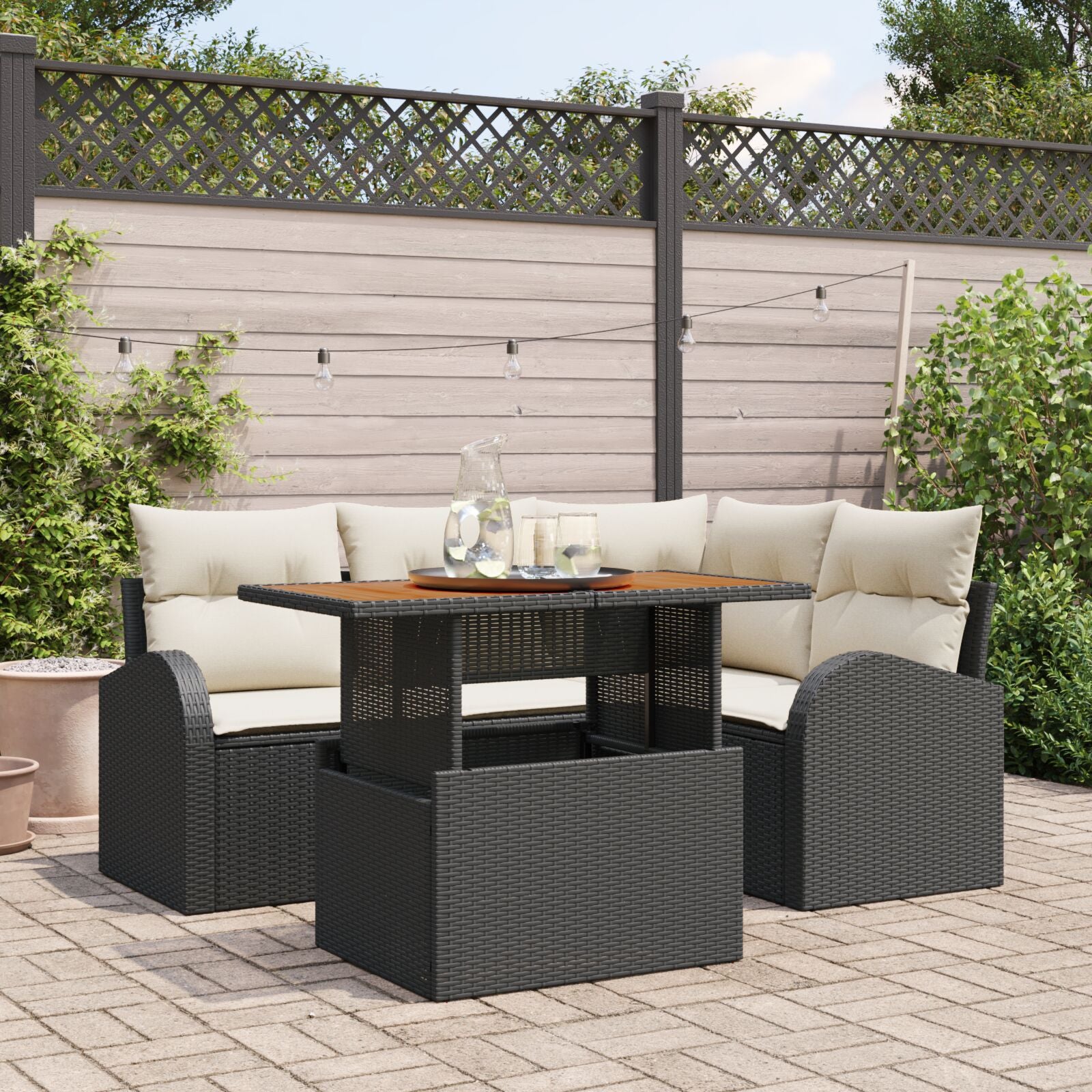 5-Delige Tuin Eettafel Set Met Kussens Zwart Poly Rattan Acacia
