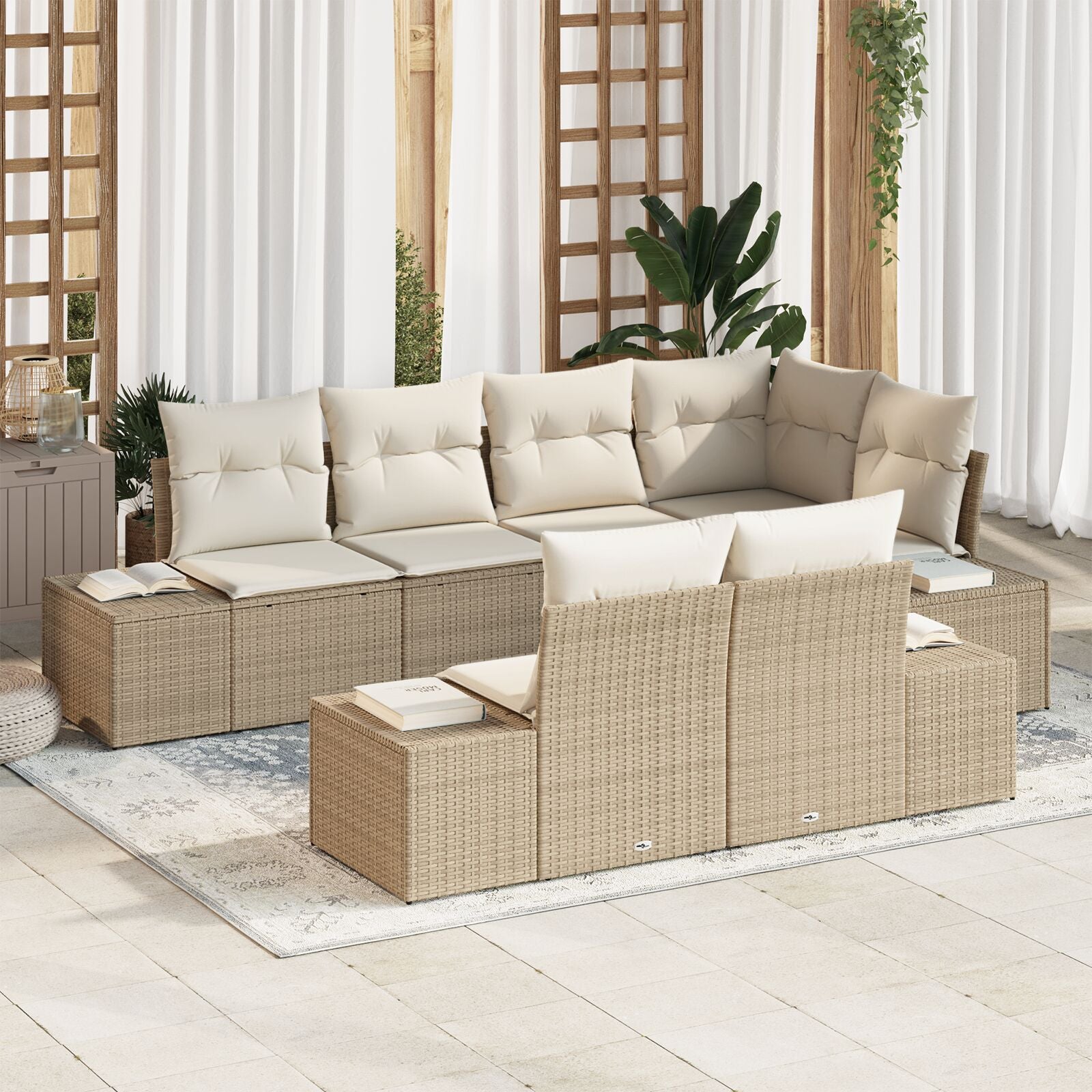 7-Delige Tuinset Met Kussens Beige Poly Rattan