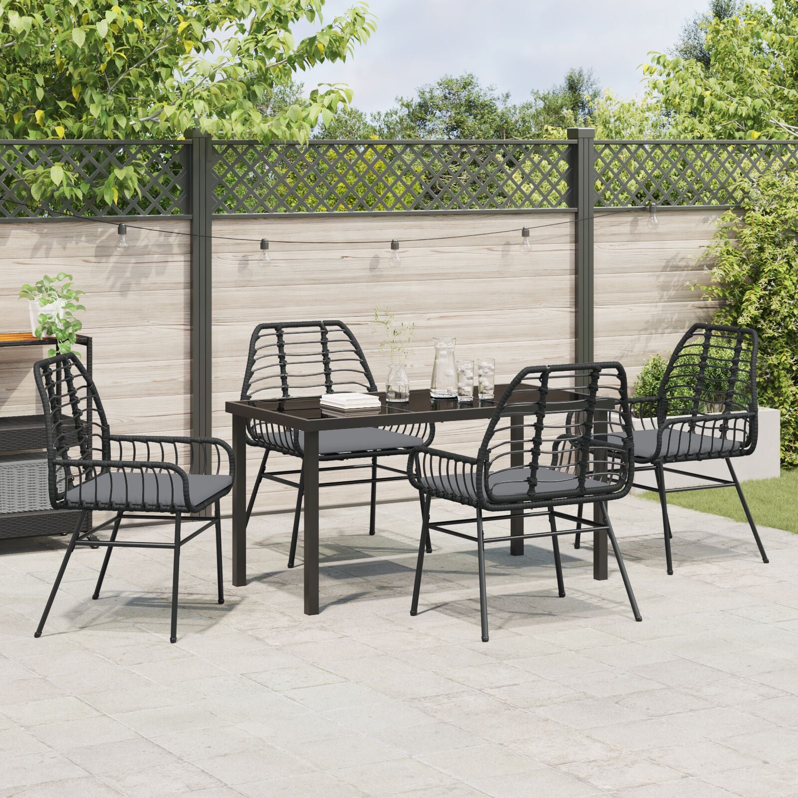 5-Delige Tuin Eetset Met Kussens Zwart Poly Rattan