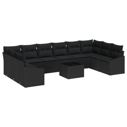 11-Delige Tuin Sofa Set Met Kussens Beige Poly Rattan Zwart met tafel