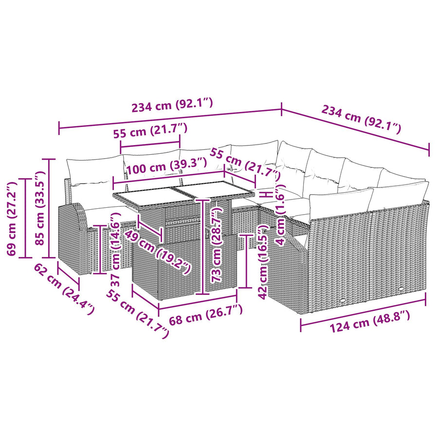 9-Delige Tuin Sofa Set Met Kussens Bruin Poly Rattan