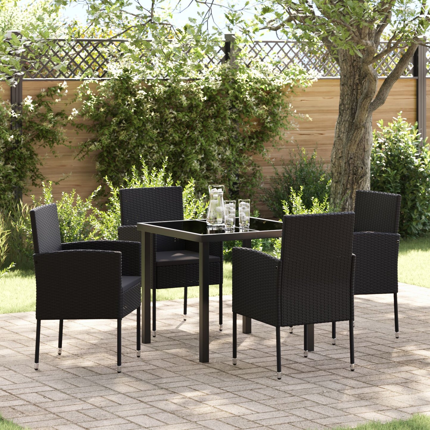 5-Delige Tuin Eetset Met Kussens Zwart Poly Rattan