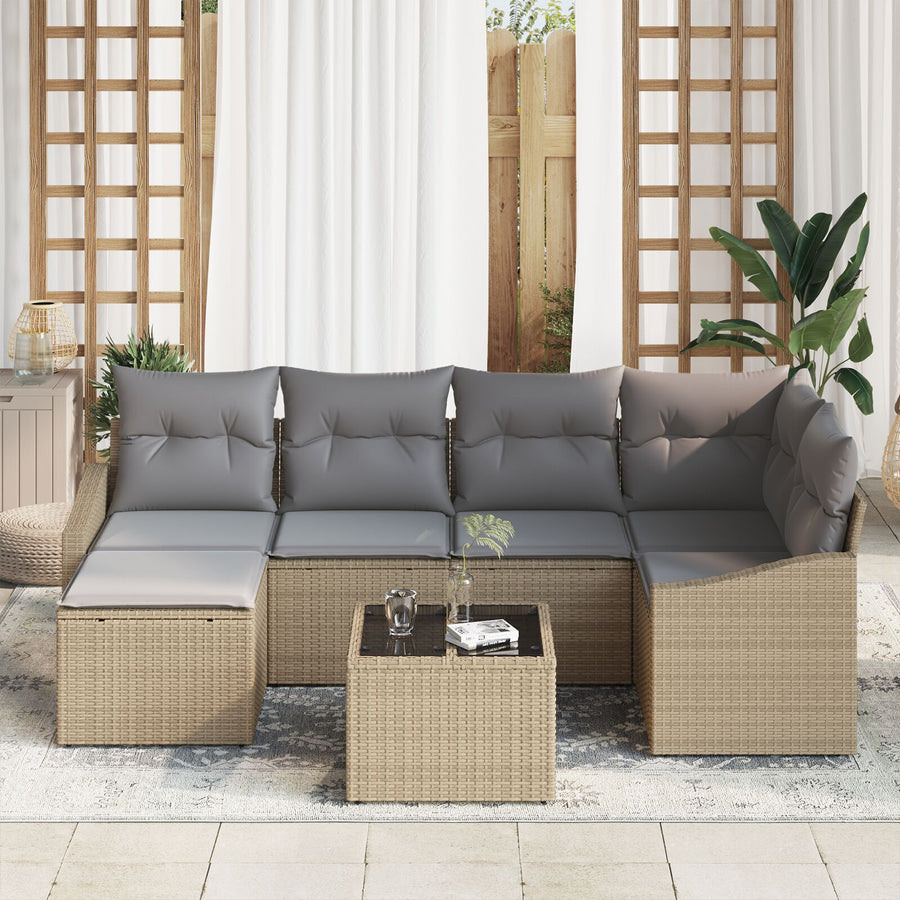 7-Delige Tuin Sofa Set Met Kussens Zwart Poly Rattan