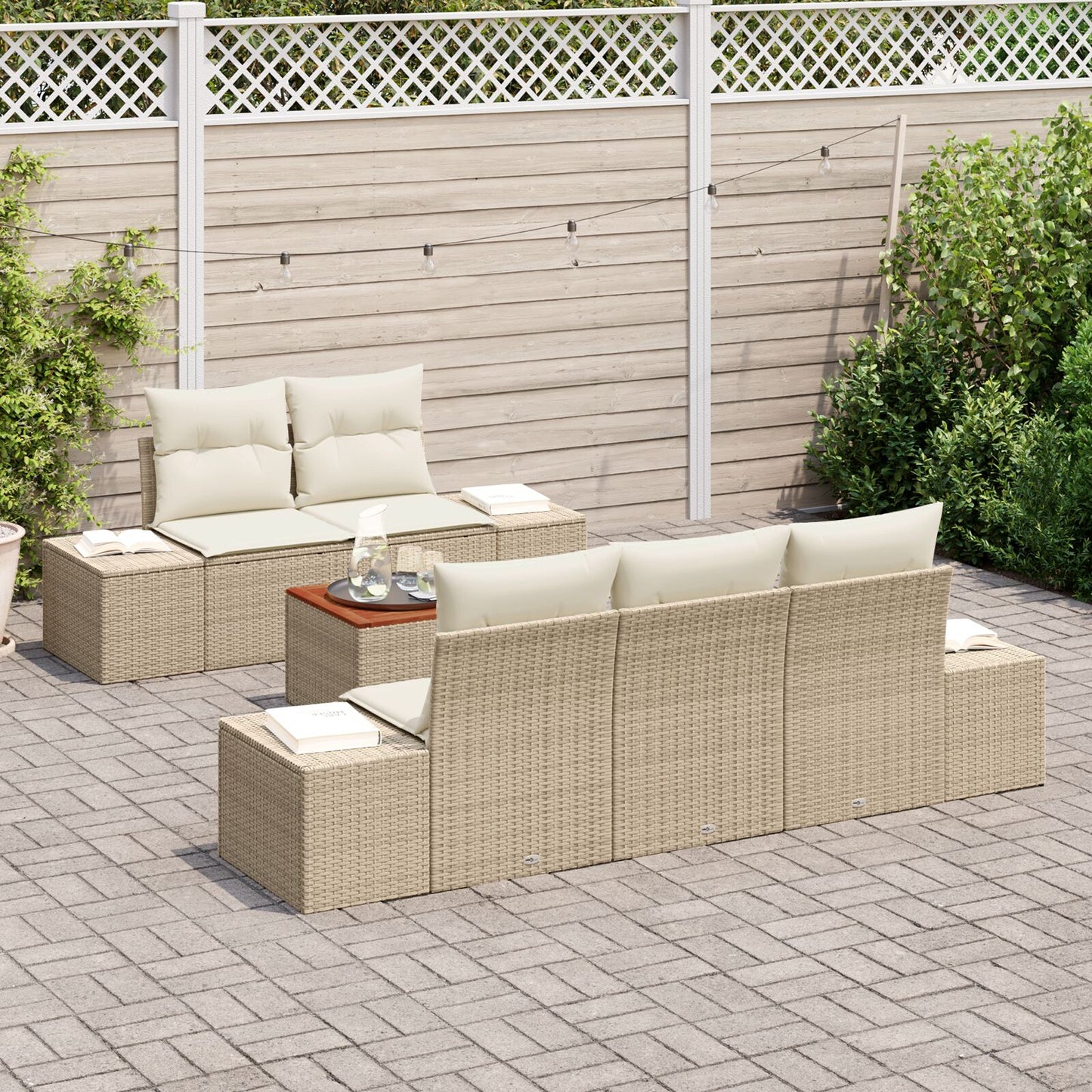 6-Delige Tuinbankset Met Kussens Beige Poly Riet Acacia